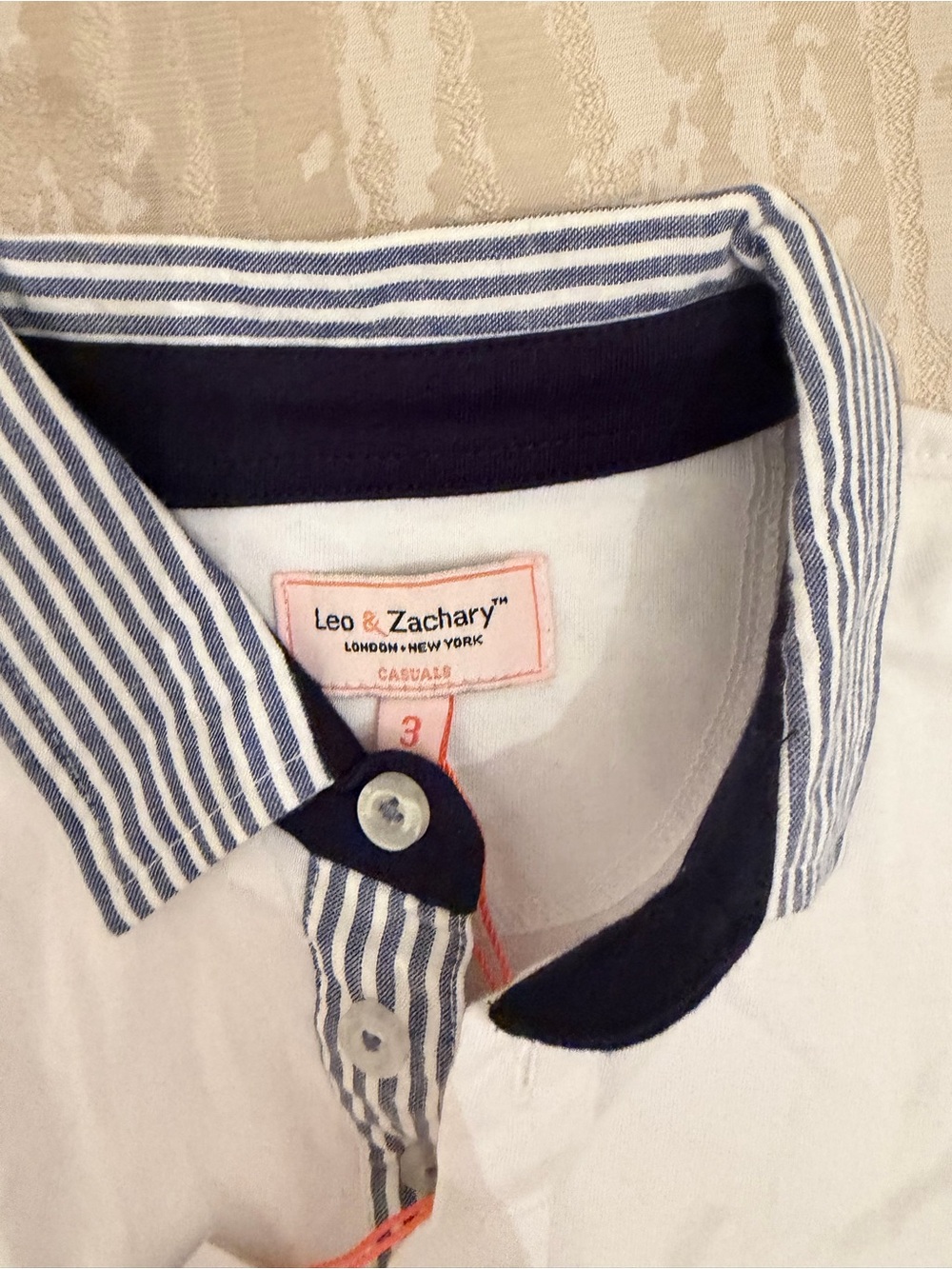 Kids White Polo Shirt with Navy Stripe Collar